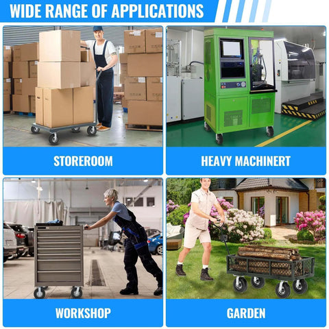 10 inch pneumatic caster set of 4 with 2 swivel and 2 rigid casters in use across various environments like storerooms and gardens.
