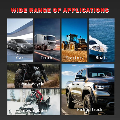 Solary SD101 automotive smoke leak tester collage showing car, truck, tractor, boat, motorcycle, snowmobile and pickup.