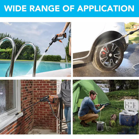 Pressure washer turbo nozzle kit (orange/black) in use to spray pool area.
Pressure washer turbo nozzle (orange/black) cleans car wheel on wet driveway.
Pressure washer wand (orange/black) cleans brick exterior near a window.
Portable pressure washer kit outdoors beside tent and cooler at campsite.