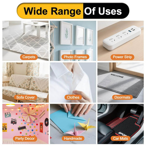 Collage showing various uses for double sided woodworking tape including carpets, photo frames, power strips, and car mats.