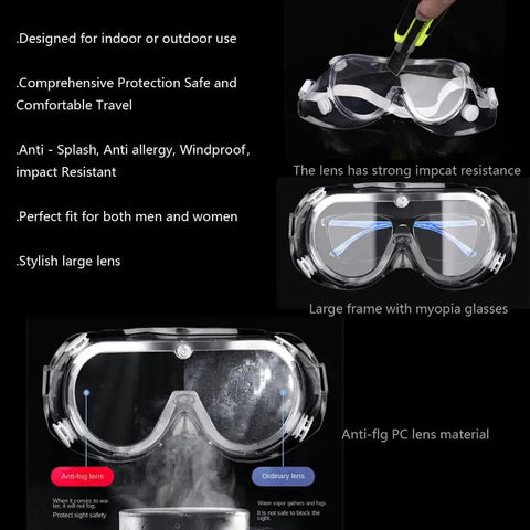 Protective Safety Goggles Anti Splash Wide Vision Fits Over Prescription Glasses with anti-fog lens and impact resistance
