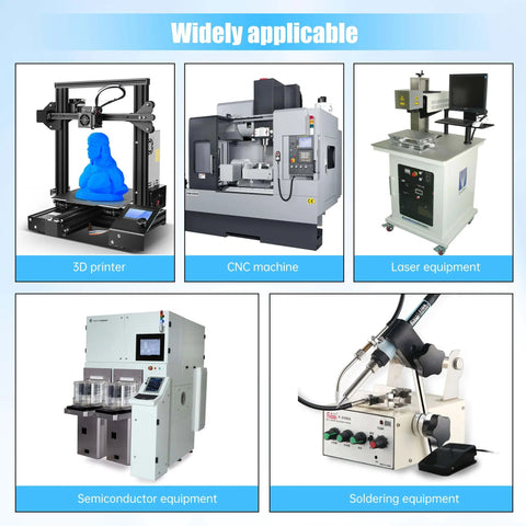 Set of machines including 3D printer, CNC machine, laser, semiconductor, and soldering equipment for industrial applications.