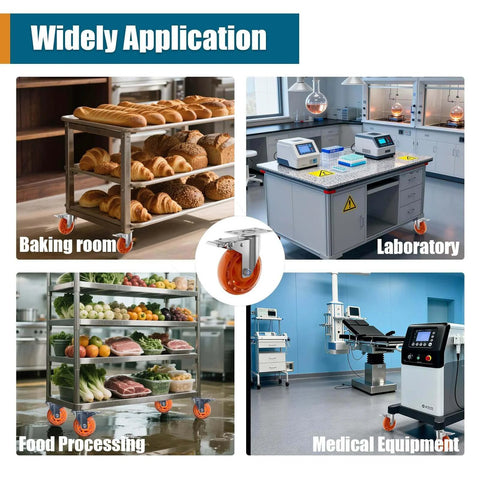 3 inch stainless steel caster wheels with total lock brake shown in baking, laboratory, food processing, and medical settings.