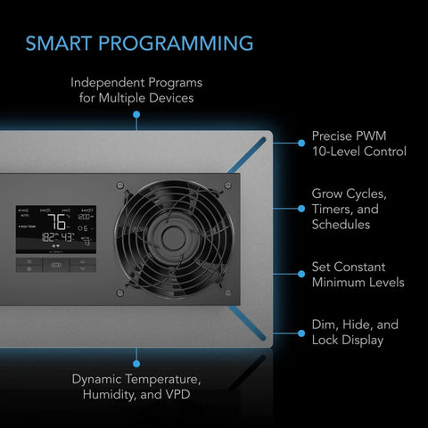 Front view of Airtitan T8 Crawl Space Vent Fan With WiFi App Temperature Humidity Controller displaying smart programming features.