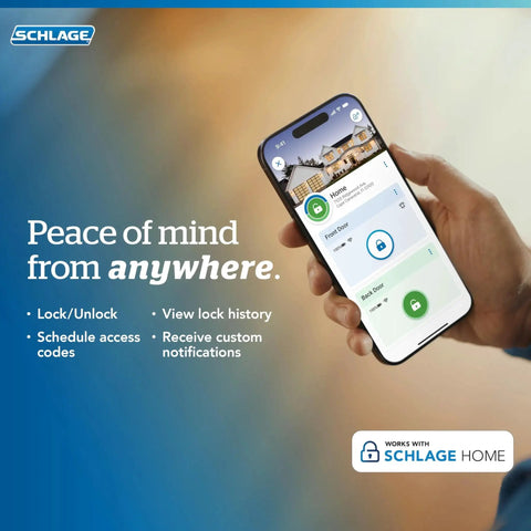 Hand holding smartphone showing Smart WiFi Front Door Deadbolt with Built In WiFi App Control and Keyless Entry interface