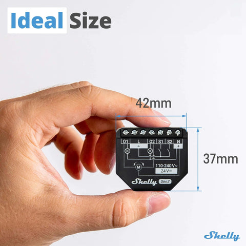 Hand holding 2 Channel WiFi Smart Relay Switch With Power Metering For Home Automation And Energy Monitoring, dimensions shown