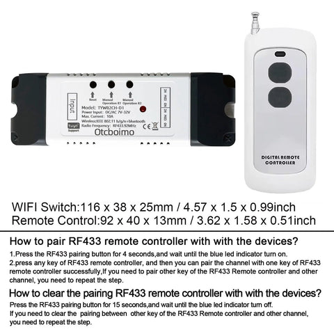 WiFi smart linear actuator motor controller with white handheld RF remote (two-button) for DIY home automation.
