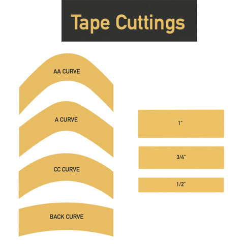 Tape cutting options featuring AA, A, CC, and Back curves, alongside straight strips in 1", 3/4", and 1/2" sizes.