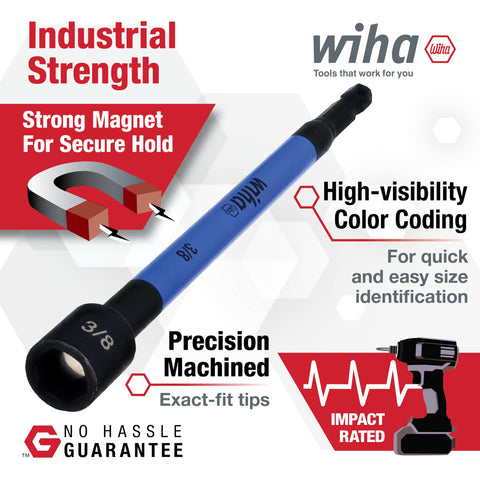 Premium Magnetic Nut Setter Set For Impact Drivers Wiha 6 Piece SAE Color Coded 1 Quarter Inch Hex Drive 700 Inch Pounds