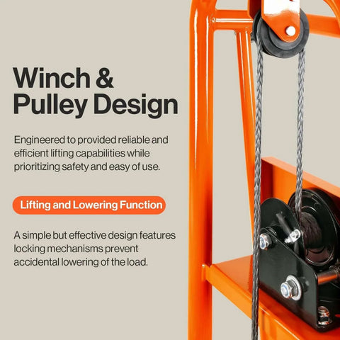 Close-up of Material Lift Stacker 330 Lb Capacity with Winch and Pulley Design for Lifting and Lowering, side view