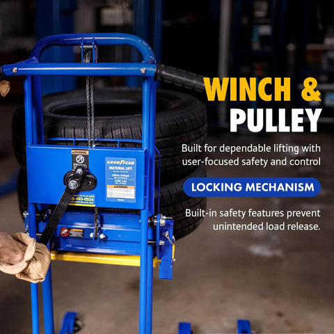 Material Lift Winch Stacker Pallet Truck Dolly With 330 Lbs Capacity And 40 Inch Max Lift 8 Inch Wheels And Swivel Casters
