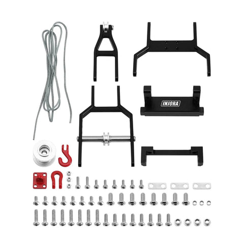 Waterproof 7KG Winch Servo & Tow Truck Crane Kit for 1/18 TRX4M(Black) displayed with components and hardware.