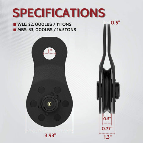 Front and side view of Winch Snatch Block Pulley 11 Tons Fits 1/4" to 1/2" Rope, Towing Off Road Recovery Kit, specifications shown