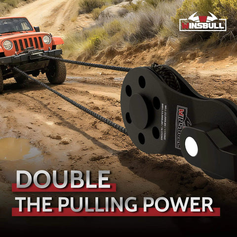 Winch Snatch Block Pulley 11 Tons Fits 1/4" to 1/2" Rope, Towing Off Road Recovery Kit in use with orange SUV