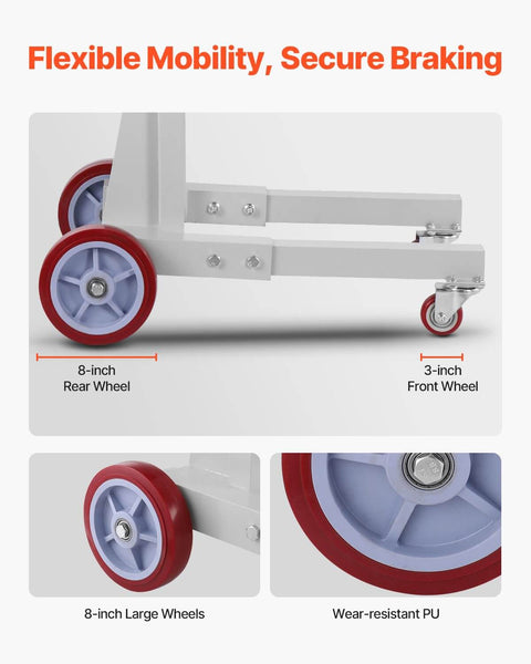 Close-up view of wheels on Material Lift Winch Stacker For Warehouse Use 400 Lb Capacity Pallet Truck Dolly 51.1 Inch Max Lift Height Manual Winch Stacker With Wheels And Adjustable Plate For Easy Pallet Handling