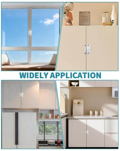 Two Piece Window Sash Locks Replacement Latches For Up And Down Sliding Windows Compatible With Horizontal And Vertical Sliding Sashes Security Locks With Screws Included shown installed on various window and cabinet styles.