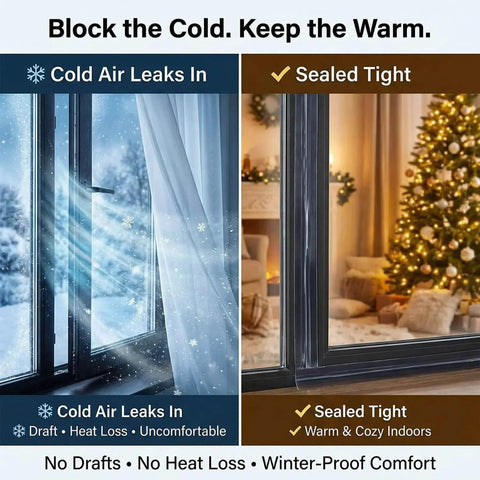 Diagram showing window with and without Thick Window Insulation for Winter Residue-Free, Heavy Duty Transparent Window Weather Sealing Tape, Weather Resistant, 2”x33FT Window Seal Tape Blocks Drafts for Doors Windows.
