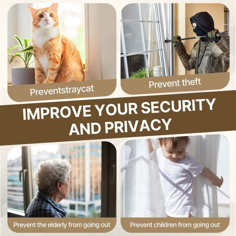 Durable White Cam Window Locks Set For Single And Double Hung Windows shown preventing stray cat entry and theft, enhancing security.