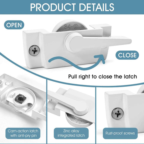 Three Pack Window Sash Lock Set For Sliding Windows Replaces Latches On Single Hung And Double Hung White Cam Lock For Vertical And Horizontal Sliding Windows Durable Alloy Construction With Corrosion Resistant Finish featuring close-up of cam-action mechanism, zinc alloy latch, and rust-proof screws.