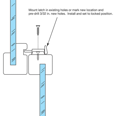 Diagram showing installation of 2-1/4 Inch Mounting Hole Centers Sash Lock for Vertical and Horizontal Sliding Windows in Black Diecast