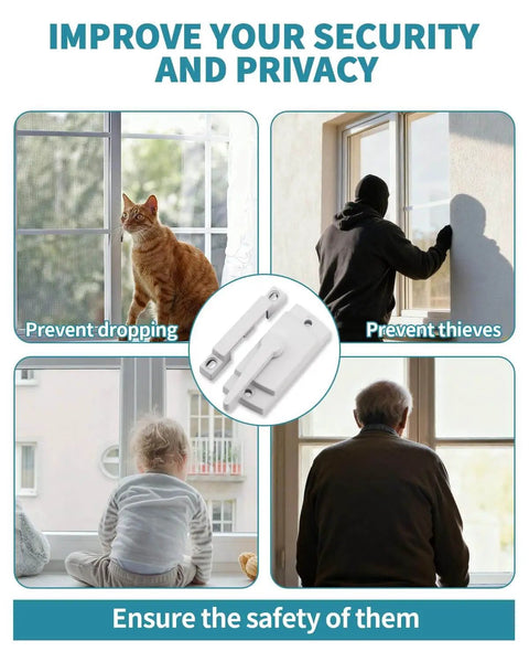 Two Piece Window Sash Locks Replacement Latches for Up and Down Sliding Windows with cat, burglar, child, and elderly visuals