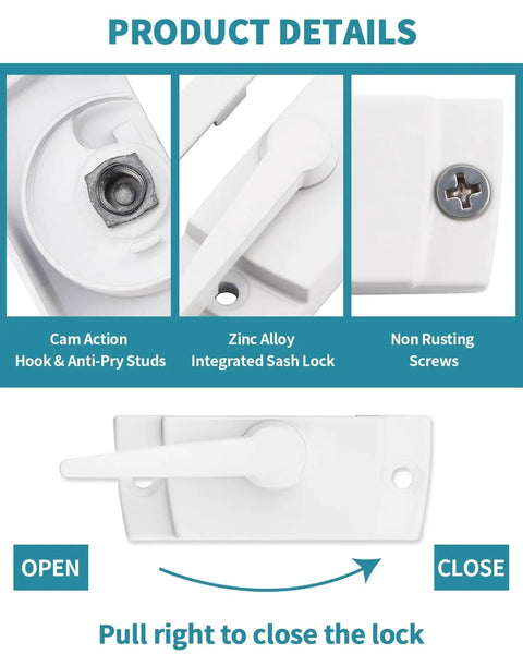 Two Piece Window Sash Locks Replacement Latches For Up And Down Sliding Windows Compatible With Horizontal And Vertical Sliding Sashes Security Locks With Screws Included, showing close-up of zinc alloy lock and screws
