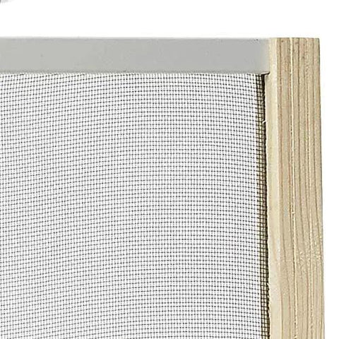 Close-up of Adjustable Window Screen For 25 To 45 Inch Wide Openings, 10 Inch High, 2 Pack, Marvin Style Fit with varnished wood end.