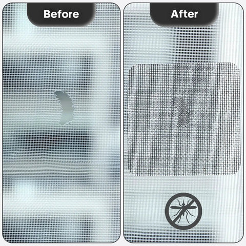 Before and after using the 14 Sheets Window Screen Patch Repair Kit In Black With Strong Adhesive Fiberglass Tape on mesh screen.