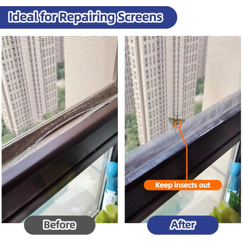 Before and after of window screen repaired with Grey Window Screen Repair Tape 3 Inches By 20 Feet Heavy Duty Patch Kit.