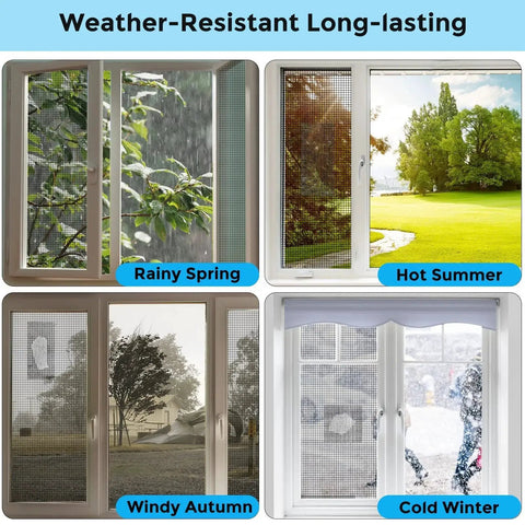 Grey Window Screen Repair Tape 2 Inch By 30 Foot Roll shown in various weather conditions: rainy spring, hot summer, windy autumn, cold winter.