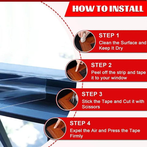 Installation guide for Window Sealing Tape 2 Inch x 33 FT Transparent Window Draft Insulation showing step-by-step instructions.