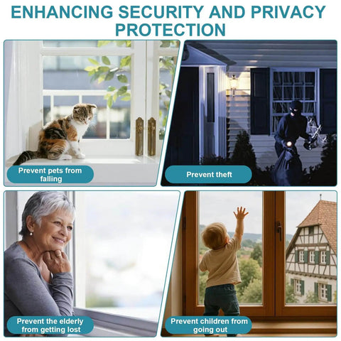 Image showing benefits of Premium Zinc Alloy Window Sash Locks 2 Pack Latch Replacement For Double Hung Vertical And Horizontal Sliding Vinyl Windows White Cam Design For Enhanced Security And Durable Weather Humidity Resistant Hardware, including pet safety, theft prevention, and child safety.