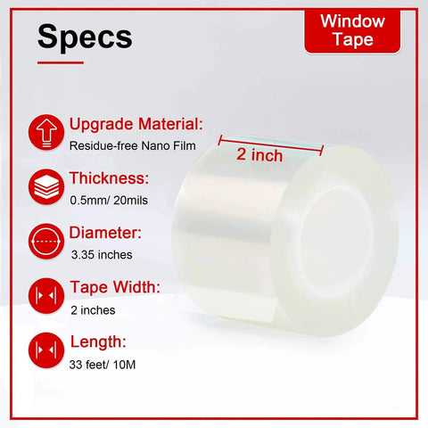 Window Sealing Tape 2 Inch x 33 FT Transparent Window Draft Insulation with specs, residue-free, 0.5mm thickness, 33 feet length.
