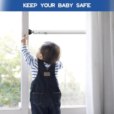 Adjustable Sliding Glass Door Security Bar With Rubber Tips Fits Seventeen Point Seven To Fifty Point Five Inches White One Inch Diameter Sturdy Durable Window Safety Bar Locks For Home Apartment And Patio Prevents Forced Entry And Keeps Kids Safe installed on a window with a child nearby