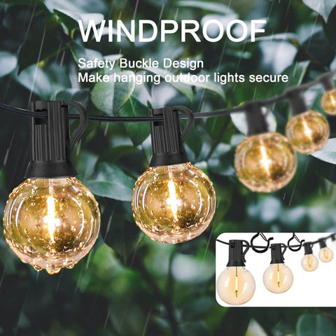 Outdoor hanging lights with windproof safety buckle design, glowing in the rain against a leafy backdrop, emphasizing secure installation.