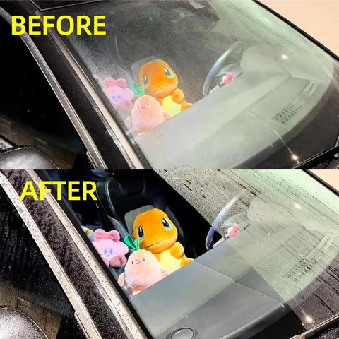 Before and after use of high-purity cerium oxide glass polishing powder, 99% purity with 7-9µm particles on car windshield.