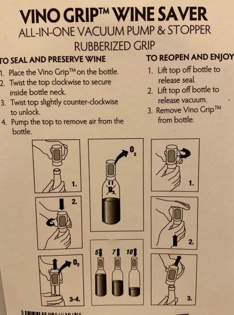 Instructions for using Vino Grip Wine Saver Vacuum Pump And Stopper Black With Rubberized Panel for sealing wine bottles.