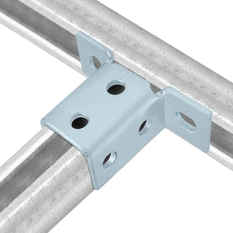 Four Pack Wing Shaped Fittings For One And Five Eighths Inch Strut Channel Eight Hole Three Sixteenths Inch Thick Carbon Steel With Electro Galvanized Silver Finish For Durable Ninety Degree Connector Brackets installed on strut channel.