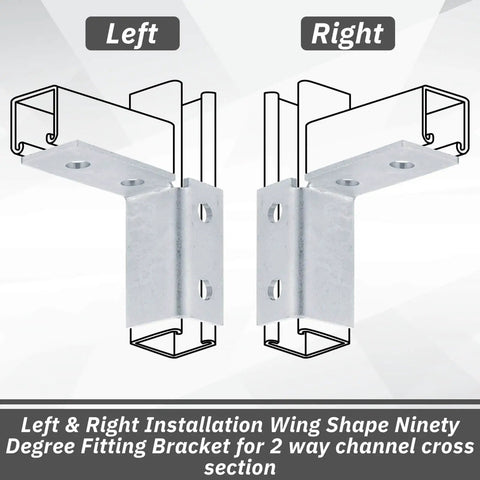 Four Piece Wing Shape Ninety Degree Fittings Set With Left And Right Brackets For One Half Inch Bolts And One And Five Eighths Inch Series Channels Use In Structural Connections For Professional Builders And Diy Projects, showing left and right bracket view for 1-5/8" channels.