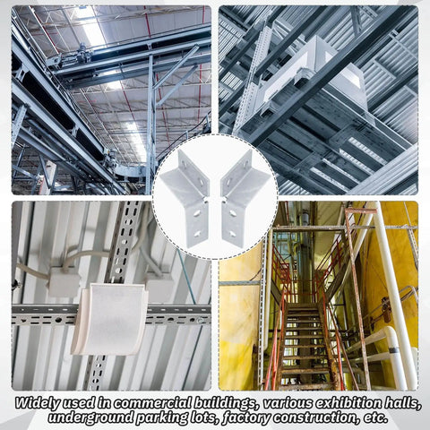 Four Piece Wing Shape Ninety Degree Fittings Set With Left And Right Brackets For One Half Inch Bolts And One And Five Eighths Inch Series Channels Use In Structural Connections For Professional Builders And Diy Projects shown in commercial installations.