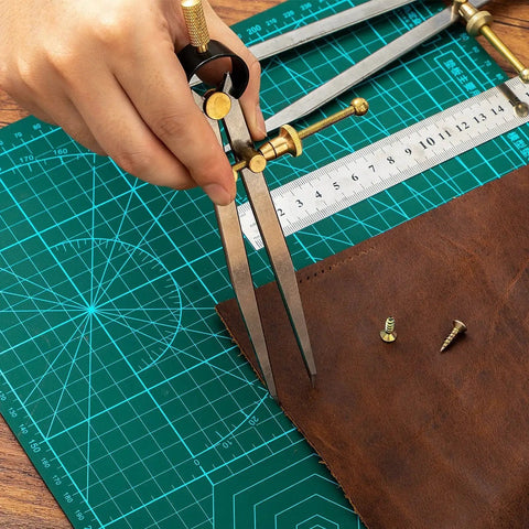 Adjustable Lockable Spring Wing Divider Calipers Set Includes 6 Inch and 8 Inch Steel Leather Compass Creaser in use on leather