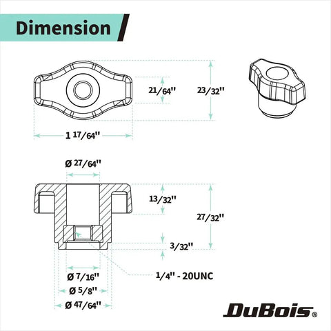 Technical drawing of ten pack quarter inch twenty wing knobs for T track and table saw accessories, showing dimensions and design.