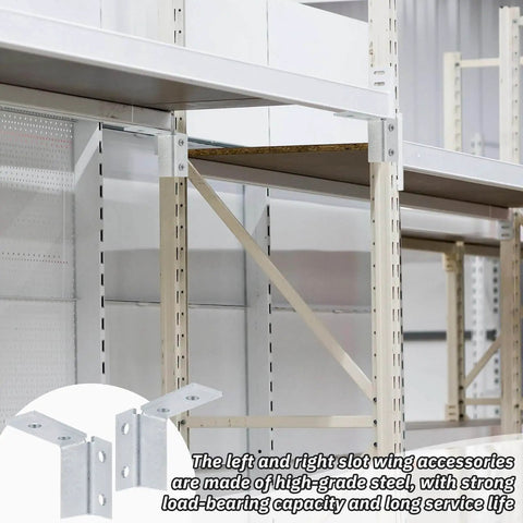 Four Piece Wing Shape Ninety Degree Fittings Set With Left And Right Brackets For One Half Inch Bolts And One And Five Eighths Inch Series Channels Use In Structural Connections For Professional Builders And Diy Projects installed on shelving unit
