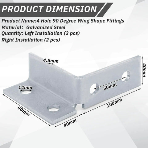 Four Piece Wing Shape Ninety Degree Fittings Set With Left And Right Brackets For One Half Inch Bolts And One And Five Eighths Inch Series Channels Use In Structural Connections For Professional Builders And Diy Projects