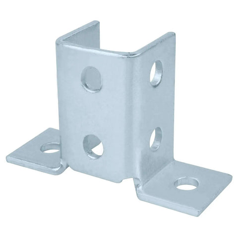 Four Pack Wing Shaped Fittings For One And Five Eighths Inch Strut Channel Eight Hole Three Sixteenths Inch Thick Carbon Steel With Electro Galvanized Silver Finish For Durable Ninety Degree Connector Brackets. Close-up of a galvanized 90-degree corner bracket with multiple holes.