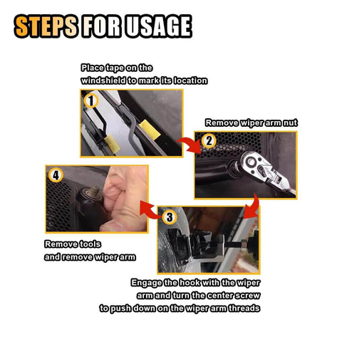 Steps for using Car Windshield Wiper Arm Puller, Handy Lightweight Removal Tool With Adjustable Knob, 0.65 Inch Opening.