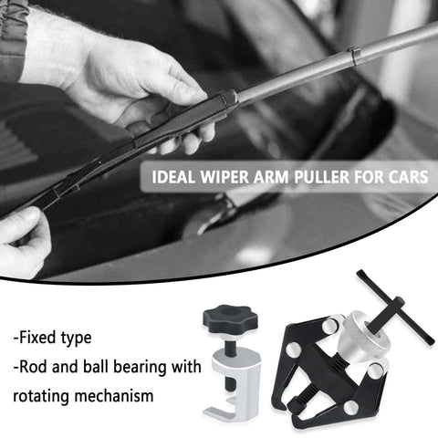 Windshield Wiper Arm Removal Tool Kit demonstrated on car windshield, showing Heavy Duty Wiper Arm Puller/Battery Terminal Puller design