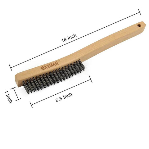 Wire Brush,Heavy Duty Carbon Steel Wire Scratch Brush for Cleaning Rust with 14" Long Curved Beechwood Handle,Large dimensions