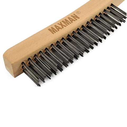 Wire Brush,Heavy Duty Carbon Steel Wire Scratch Brush for Cleaning Rust with 14" Long Curved Beechwood Handle,Large close-up view