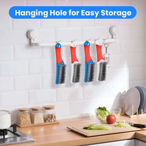 Four-pack heavy duty stainless steel wire brushes with rubber handles hanging on kitchen rack, ideal for rust and paint removal.